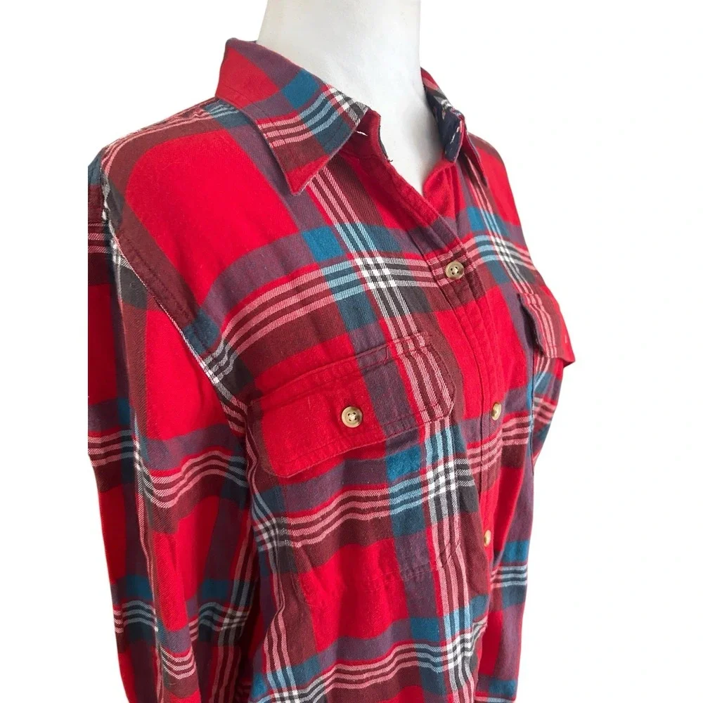 Chaps Women's Red Plaid Button-Up Shirt Floral Cuff Accent Size M